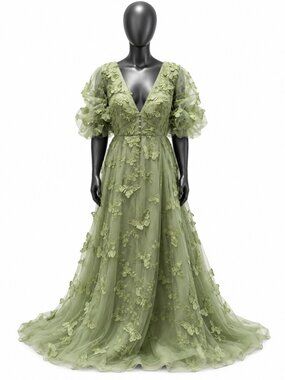 Sage Green Butterfly Embroidered Tulle Maxi Gown Puff Sleeve Fairycore Dress